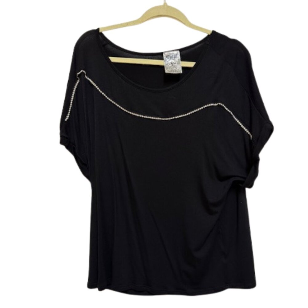 Vocal black stretchy dressy rhinestone-studded top.